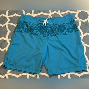 Men’s Parke & Ronen Floral/Aqua Blue Drawstring, Meshed Lined, Swim Trunks.